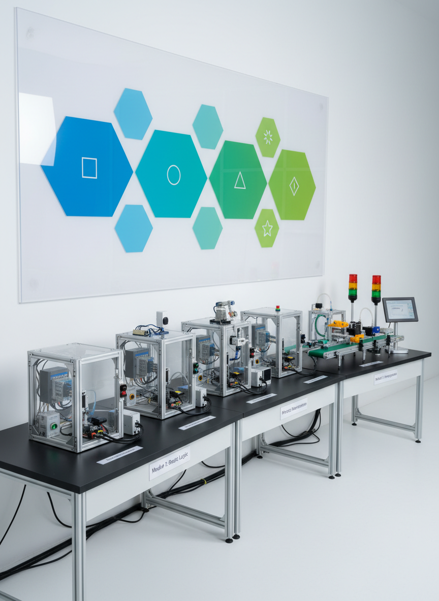 A detailed photographic composition illustrating a 5-project learning path for CLP training, represented as five separate modular automation setups arranged in a gentle arc on a long workbench. Starting with a simple PLC and a few input buttons, each subsequent station becomes more complex, adding sensor modules, motor drives, conveyor miniatures, and signal towers. In the background, a large screen shows a simplified progress flow diagram made of shapes and arrows, no text. Bright, even studio lighting ensures every module is clearly visible. Shot from a slightly elevated wide angle, with sharp focus across the frame, the atmosphere is structured, aspirational, and highly professional, emphasizing step-by-step skill progression.