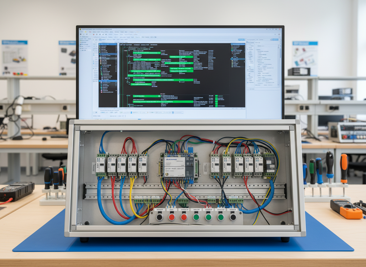 A sleek industrial control panel for a CLP training course fills the foreground, with a detailed programmable logic controller mounted on a spotless DIN rail, neatly labeled I/O modules, and bundled color-coded cables. Behind it, a large high-resolution monitor shows a clean, modern CLP programming software interface with ladder logic diagrams and status indicators, clearly visible but without readable text. The scene is set on a tidy technical workbench in a bright training lab. Soft studio lighting from the front and side creates subtle reflections on the metallic components. Photographic realism, eye-level composition, sharp focus, and a calm, professional atmosphere emphasize precision and modern industrial automation education.
